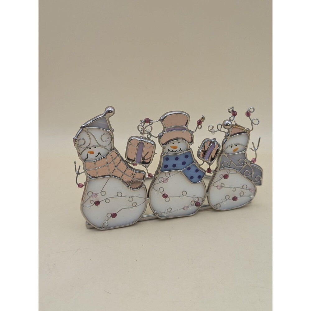 Stain Glass Snowmen Tea Light Votive Candle Holder Christmas Decor Holiday